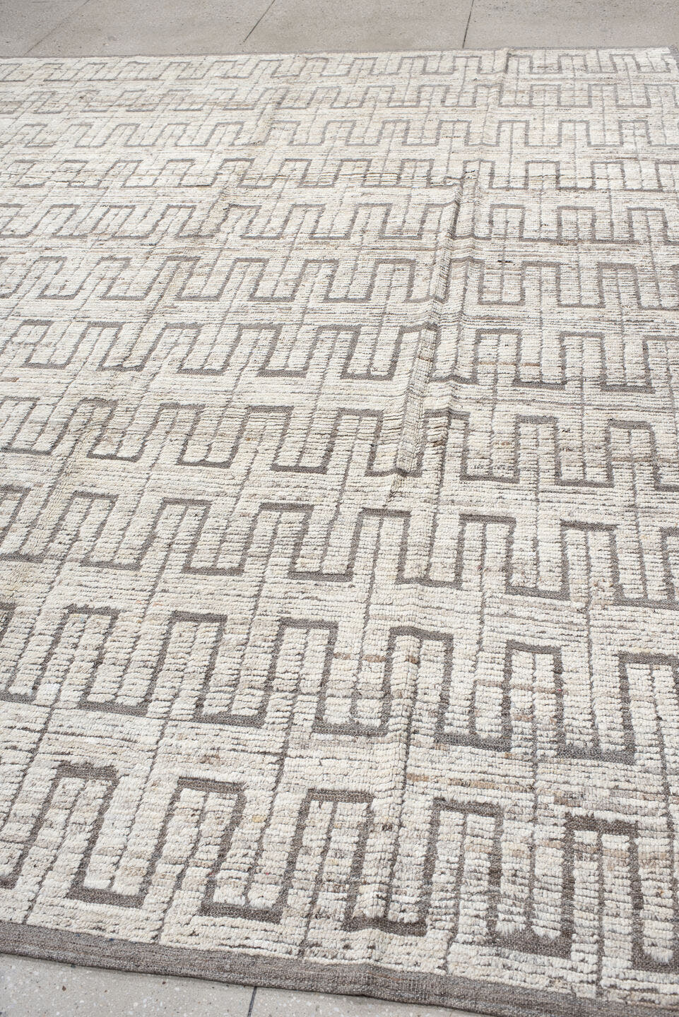 9' x 11' one-of-a-kind handmade vintage Tulu large size rug. Color palette: ivory, taupe, gray, charcoal, beige, black