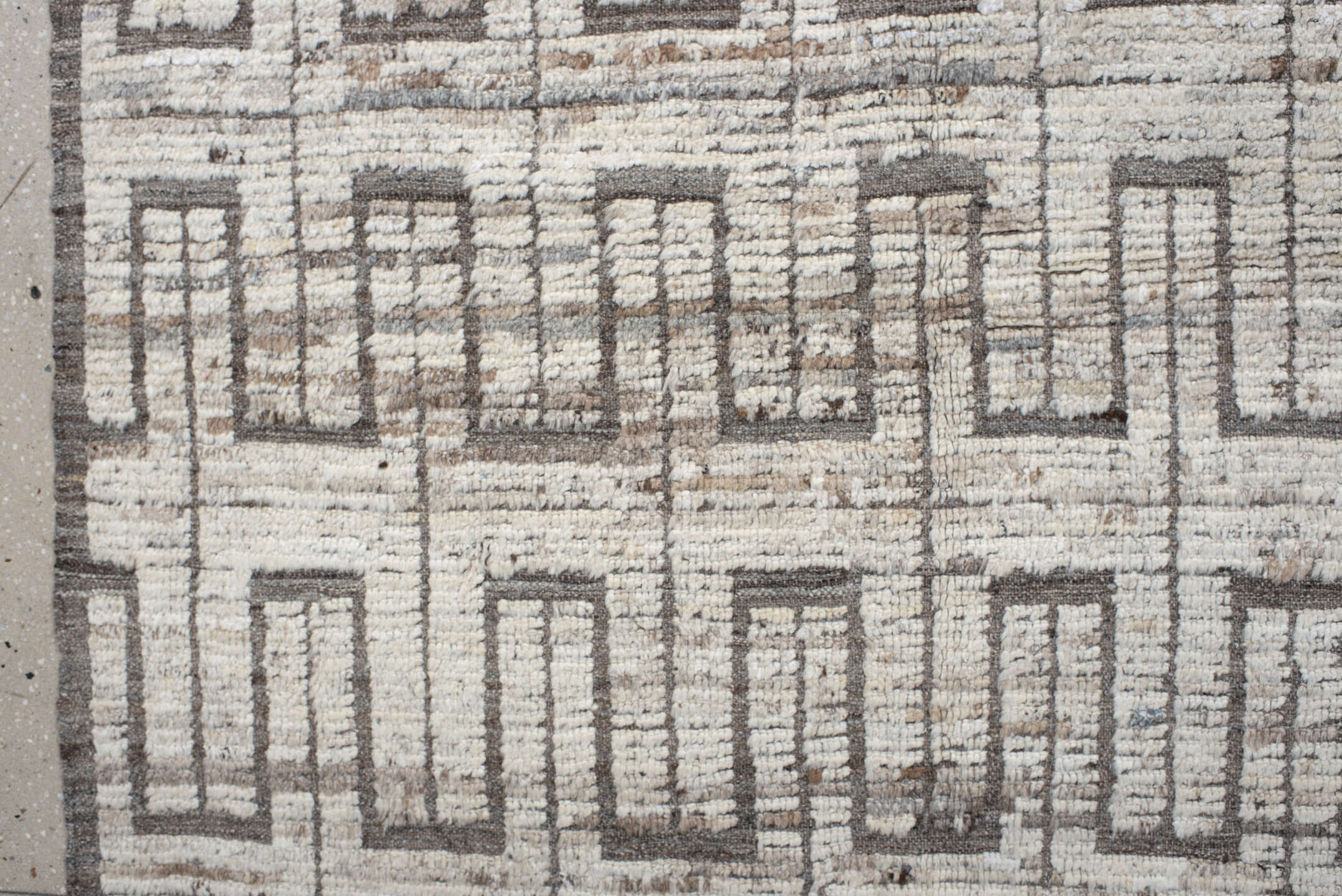 9' x 11' one-of-a-kind handmade vintage Tulu large size rug. Color palette: ivory, taupe, gray, charcoal, beige, black
