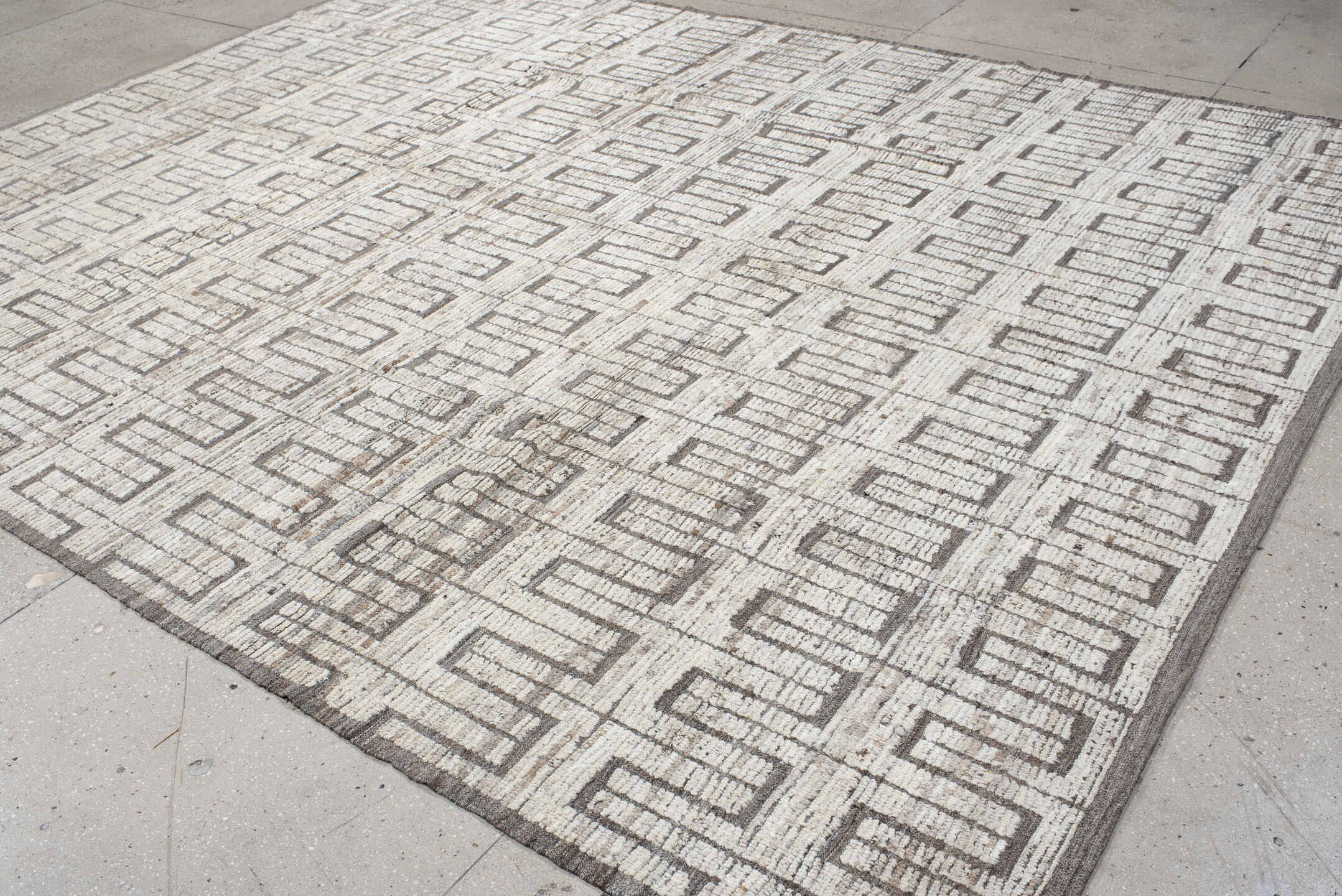 9' x 11' one-of-a-kind handmade vintage Tulu large size rug. Color palette: ivory, taupe, gray, charcoal, beige, black