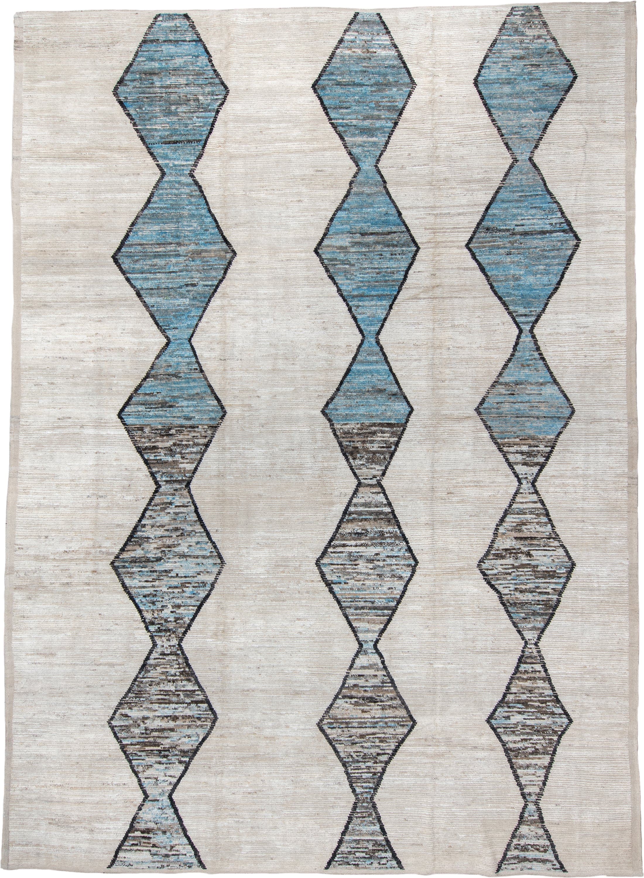 11' x 15' one-of-a-kind handmade vintage Tulu oversize rug. Color palette: ivory, sky blue, taupe, charcoal, cream