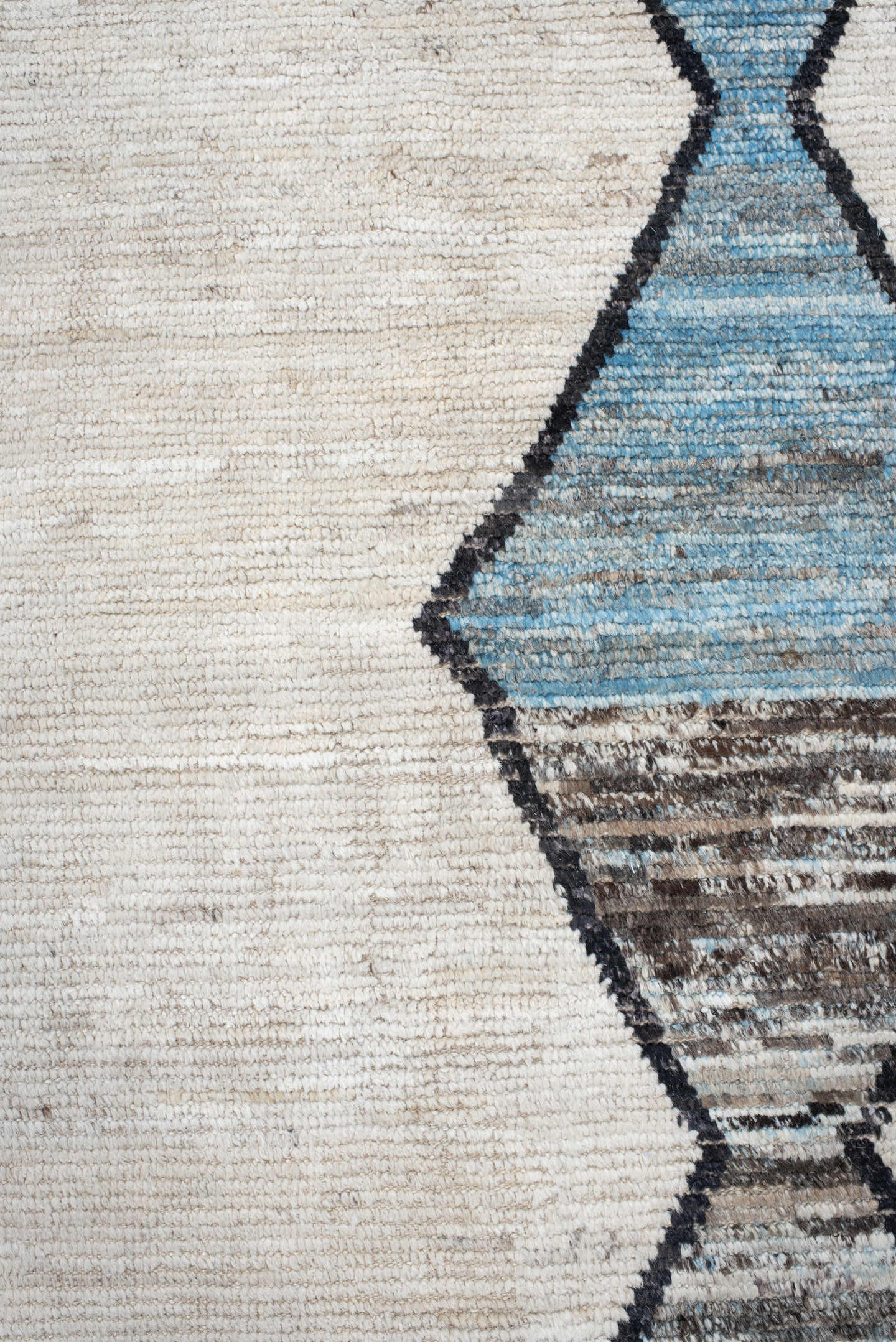 11' x 15' one-of-a-kind handmade vintage Tulu oversize rug. Color palette: ivory, sky blue, taupe, charcoal, cream