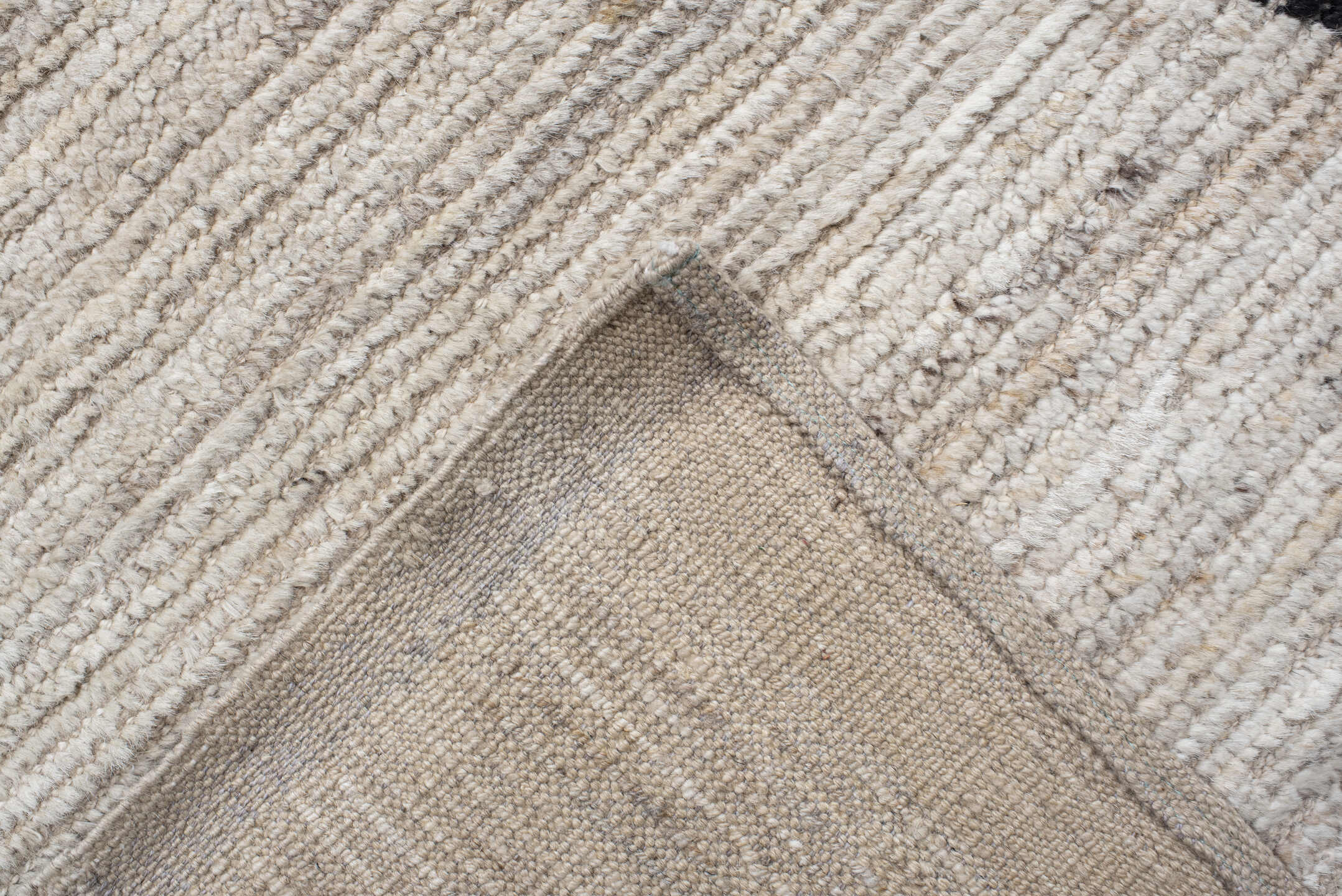 11' x 15' one-of-a-kind handmade vintage Tulu oversize rug. Color palette: ivory, sky blue, taupe, charcoal, cream