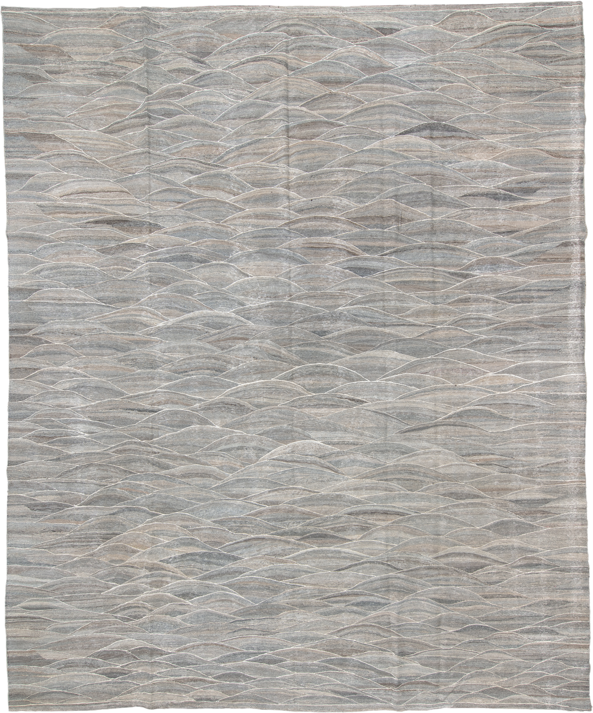 12' x 15' one-of-a-kind handmade vintage Kilim oversize rug. Color palette: gray, taupe, ivory, beige, slate