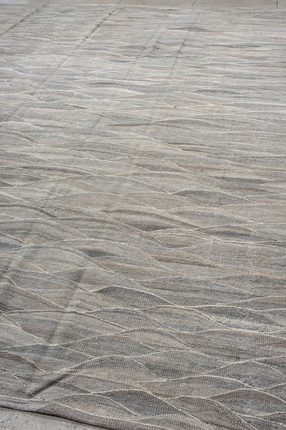 12' x 15' one-of-a-kind handmade vintage Kilim oversize rug. Color palette: gray, taupe, ivory, beige, slate