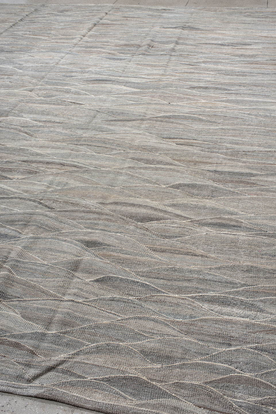 12' x 15' one-of-a-kind handmade vintage Kilim oversize rug. Color palette: dark gray, dim gray, gainsboro, gray, light gray