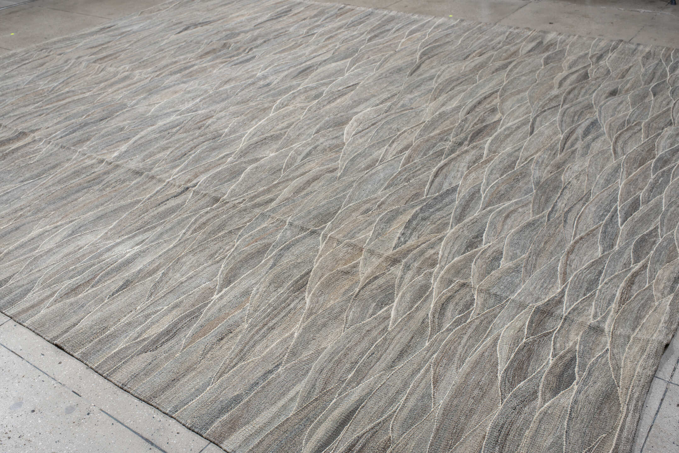 12' x 15' one-of-a-kind handmade vintage Kilim oversize rug. Color palette: gray, taupe, ivory, beige, slate