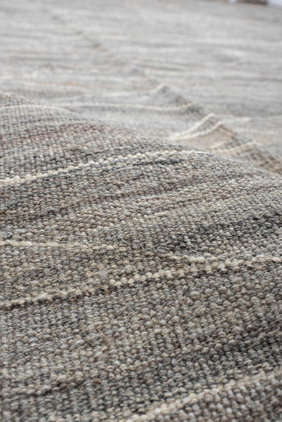 12' x 15' one-of-a-kind handmade vintage Kilim oversize rug. Color palette: gray, taupe, ivory, beige, slate