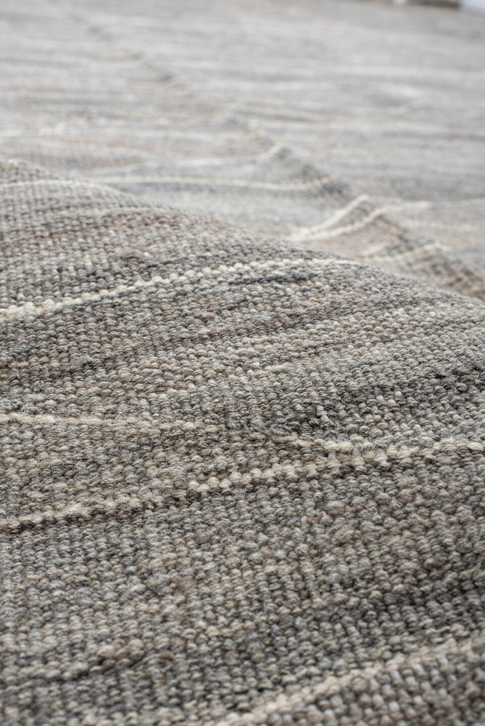 12' x 15' one-of-a-kind handmade vintage Kilim oversize rug. Color palette: gray, taupe, ivory, beige, slate