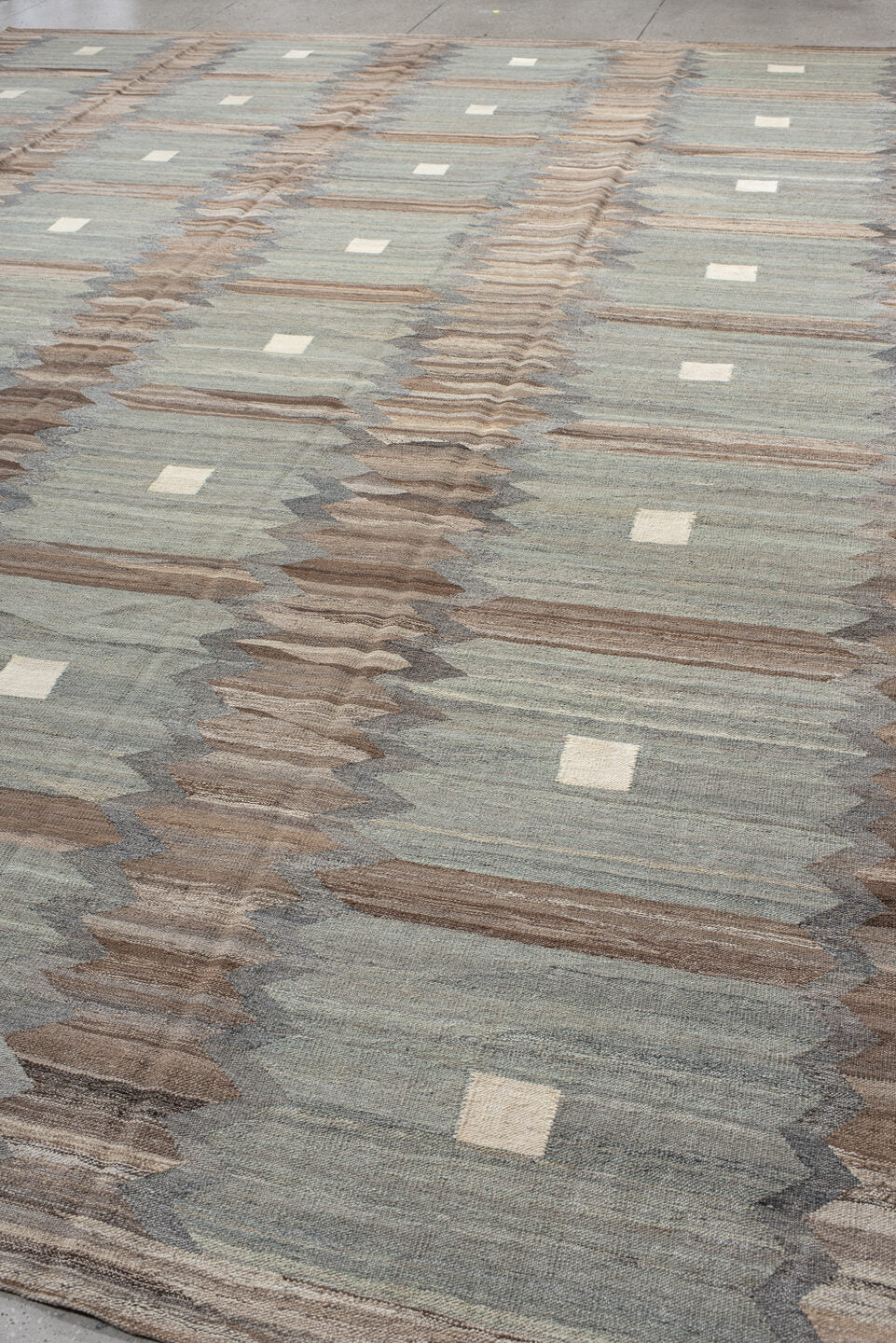 13' x 16' one-of-a-kind handmade vintage Kilim oversize rug. Color palette: taupe, blue_gray, ivory, slate, beige, brown