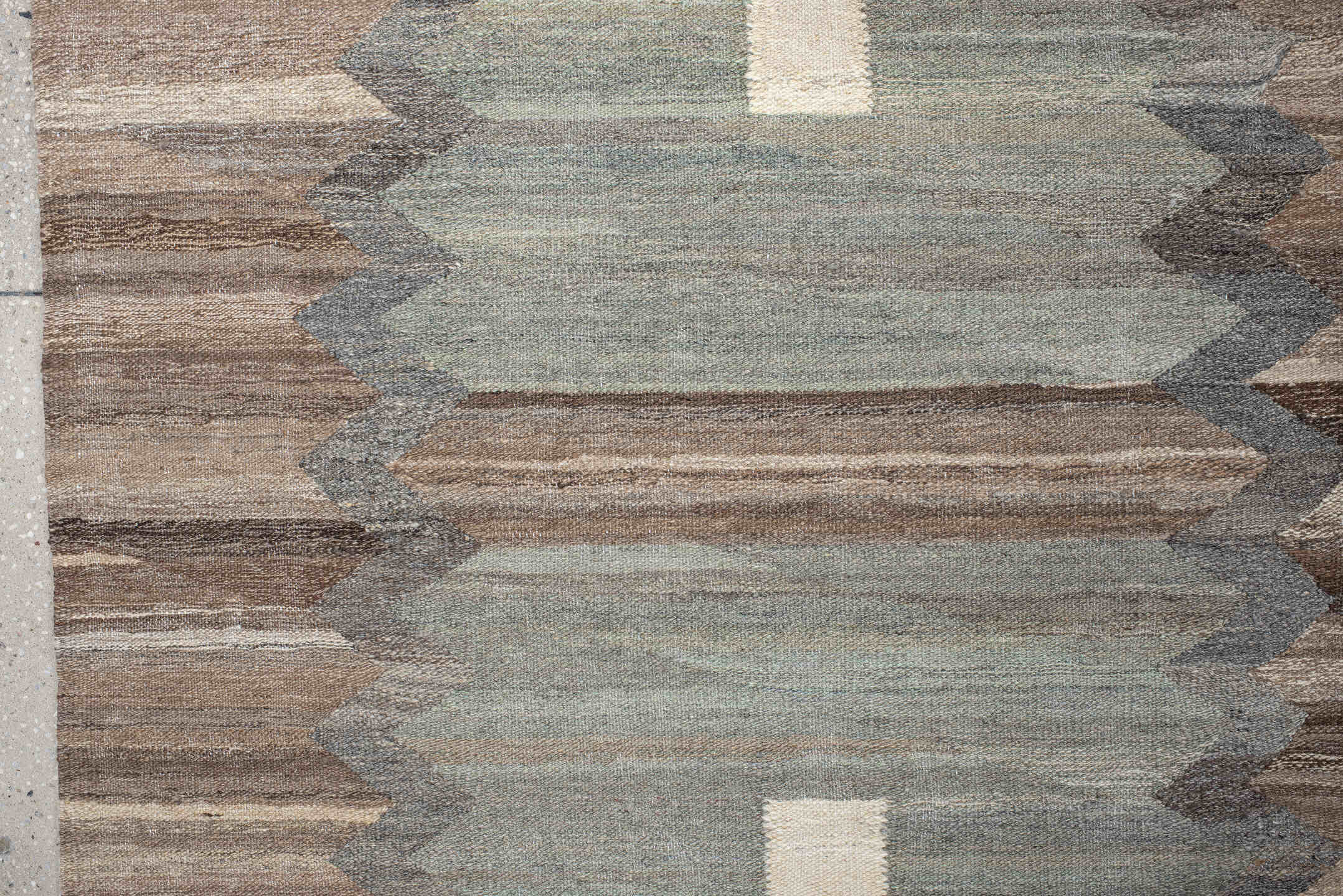 13' x 16' one-of-a-kind handmade vintage Kilim oversize rug. Color palette: taupe, blue_gray, ivory, slate, beige, brown