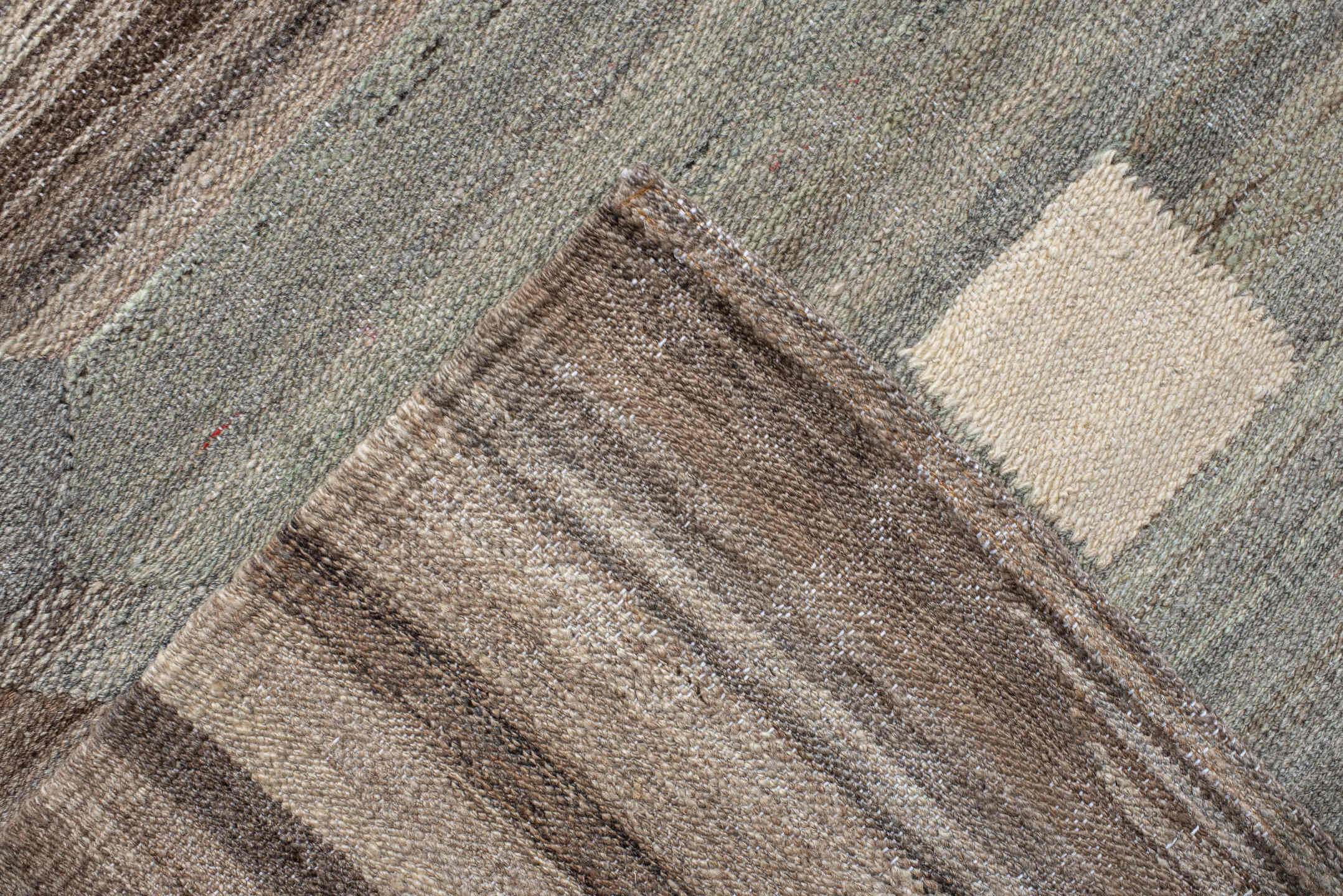 13' x 16' one-of-a-kind handmade vintage Kilim oversize rug. Color palette: taupe, blue_gray, ivory, slate, beige, brown