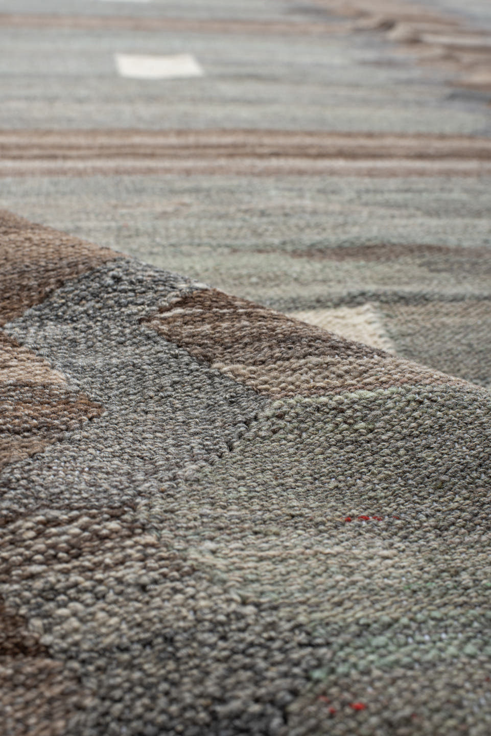13' x 16' one-of-a-kind handmade vintage Kilim oversize rug. Color palette: taupe, blue_gray, ivory, slate, beige, brown