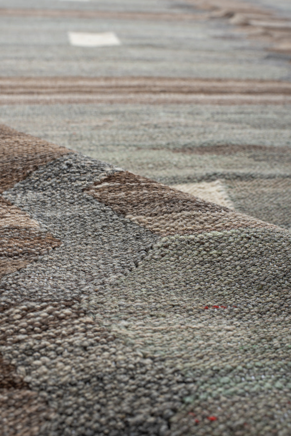 13' x 16' one-of-a-kind handmade vintage Kilim oversize rug. Color palette: taupe, blue_gray, ivory, slate, beige, brown