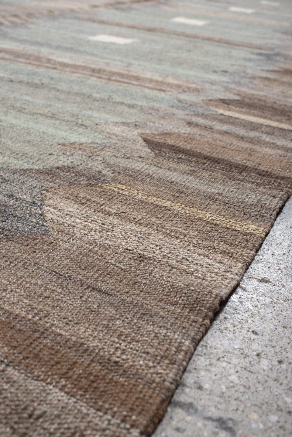 13' x 16' one-of-a-kind handmade vintage Kilim oversize rug. Color palette: taupe, blue_gray, ivory, slate, beige, brown
