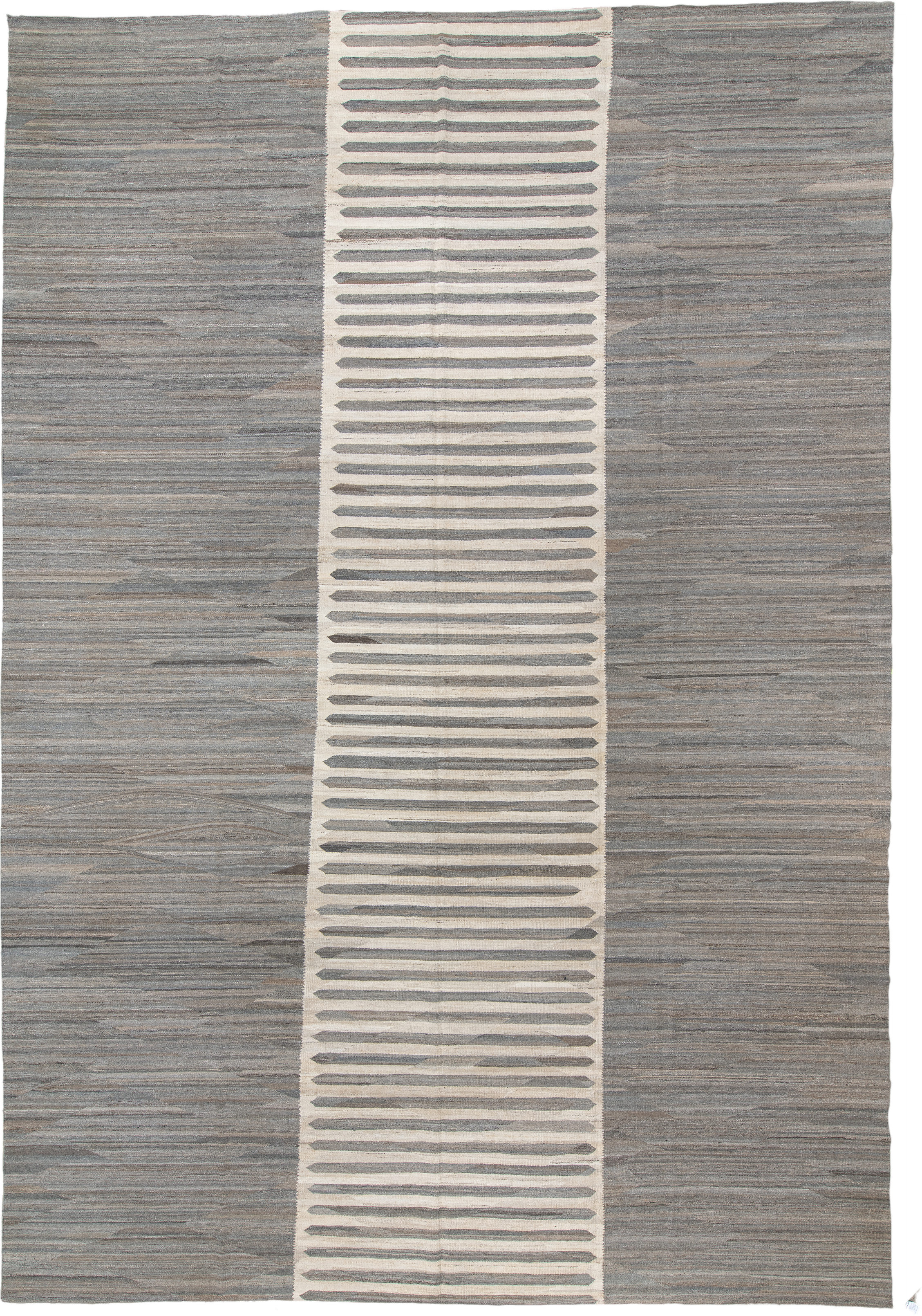 13' x 19' one-of-a-kind handmade vintage Kilim oversize rug. Color palette: gray, ivory, taupe, charcoal, greige, beige