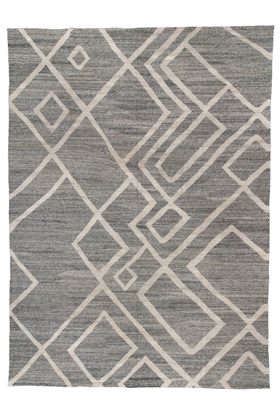 13' x 19' one-of-a-kind handmade vintage Kilim oversize rug. Color palette: black, charcoal, dark gray, dim gray, gray