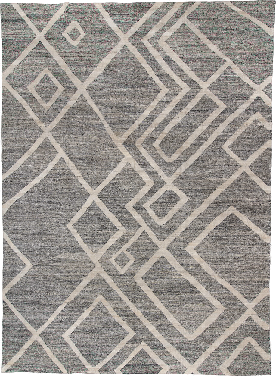 13' x 19' one-of-a-kind handmade vintage Kilim oversize rug. Color palette: black, charcoal, dark gray, dim gray, gray