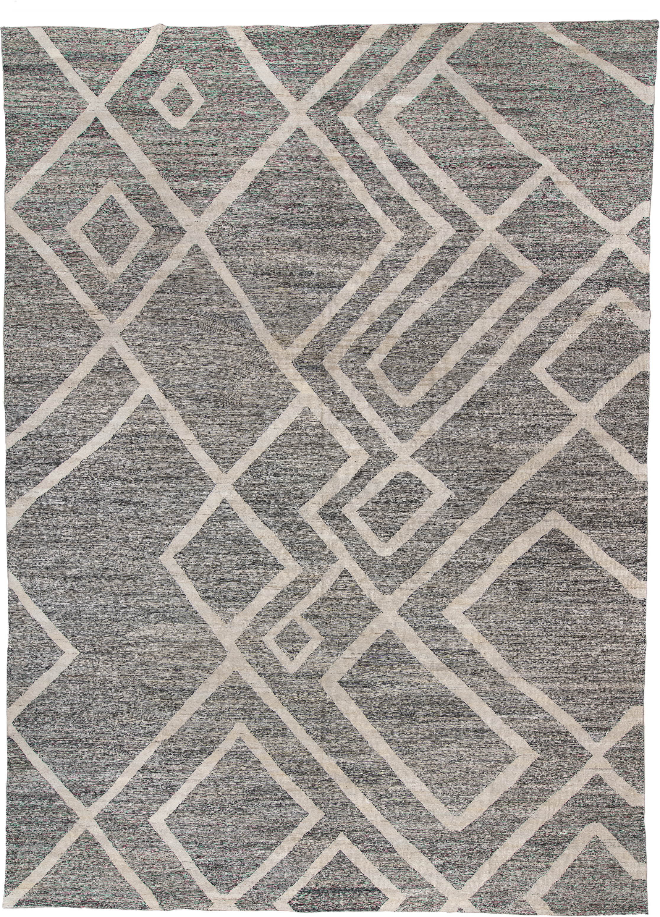 13' x 19' one-of-a-kind handmade vintage Kilim oversize rug. Color palette: gray, ivory, charcoal, black