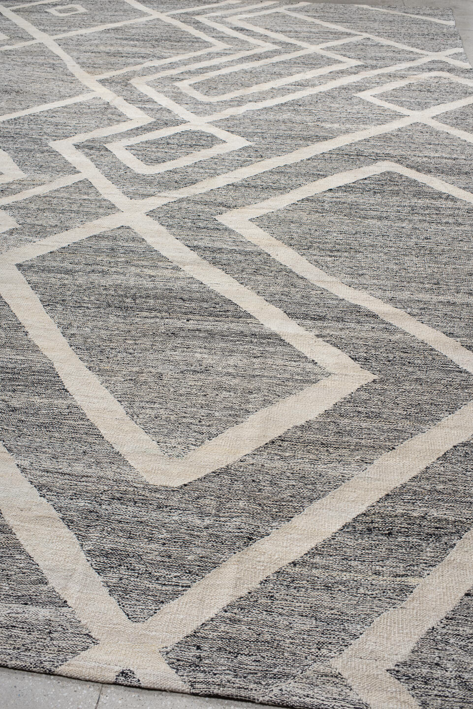 13' x 19' one-of-a-kind handmade vintage Kilim oversize rug. Color palette: black, charcoal, dark gray, dim gray, gray