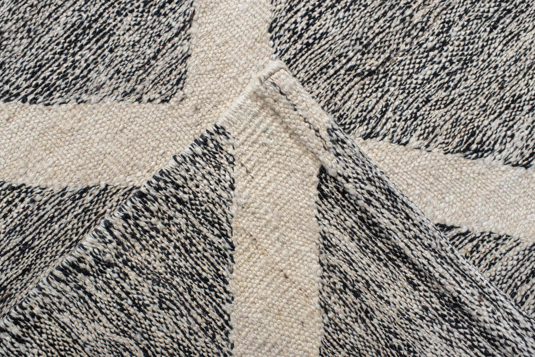 13' x 19' one-of-a-kind handmade vintage Kilim oversize rug. Color palette: gray, ivory, charcoal, black