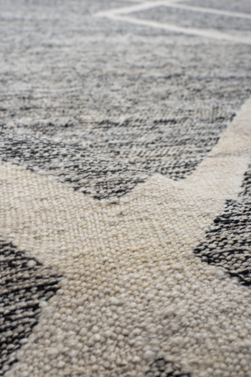 13' x 19' one-of-a-kind handmade vintage Kilim oversize rug. Color palette: gray, ivory, charcoal, black