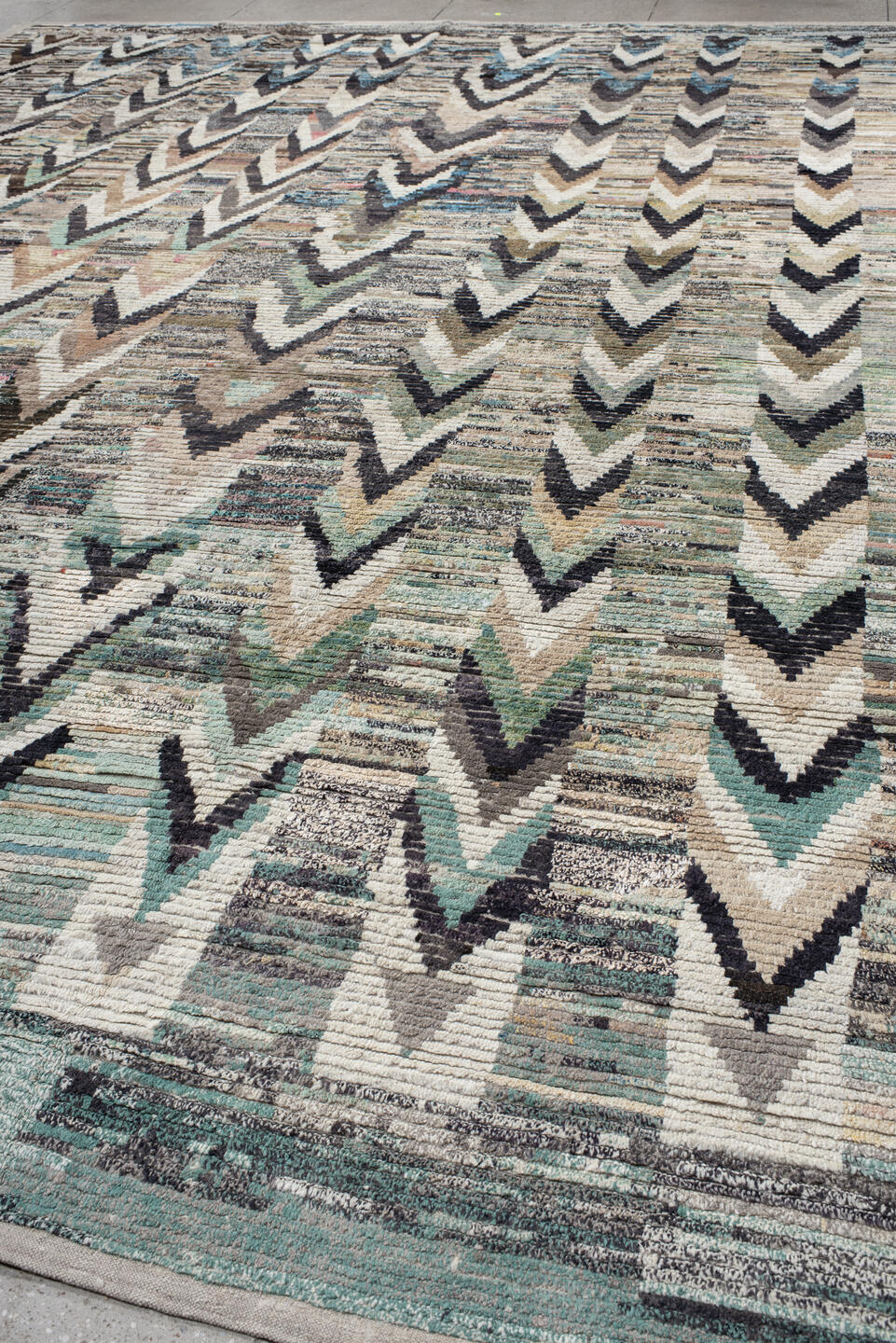 13' x 17' one-of-a-kind handmade vintage Tulu oversize rug. Color palette: black, blue, brown, charcoal, dim gray, gainsboro