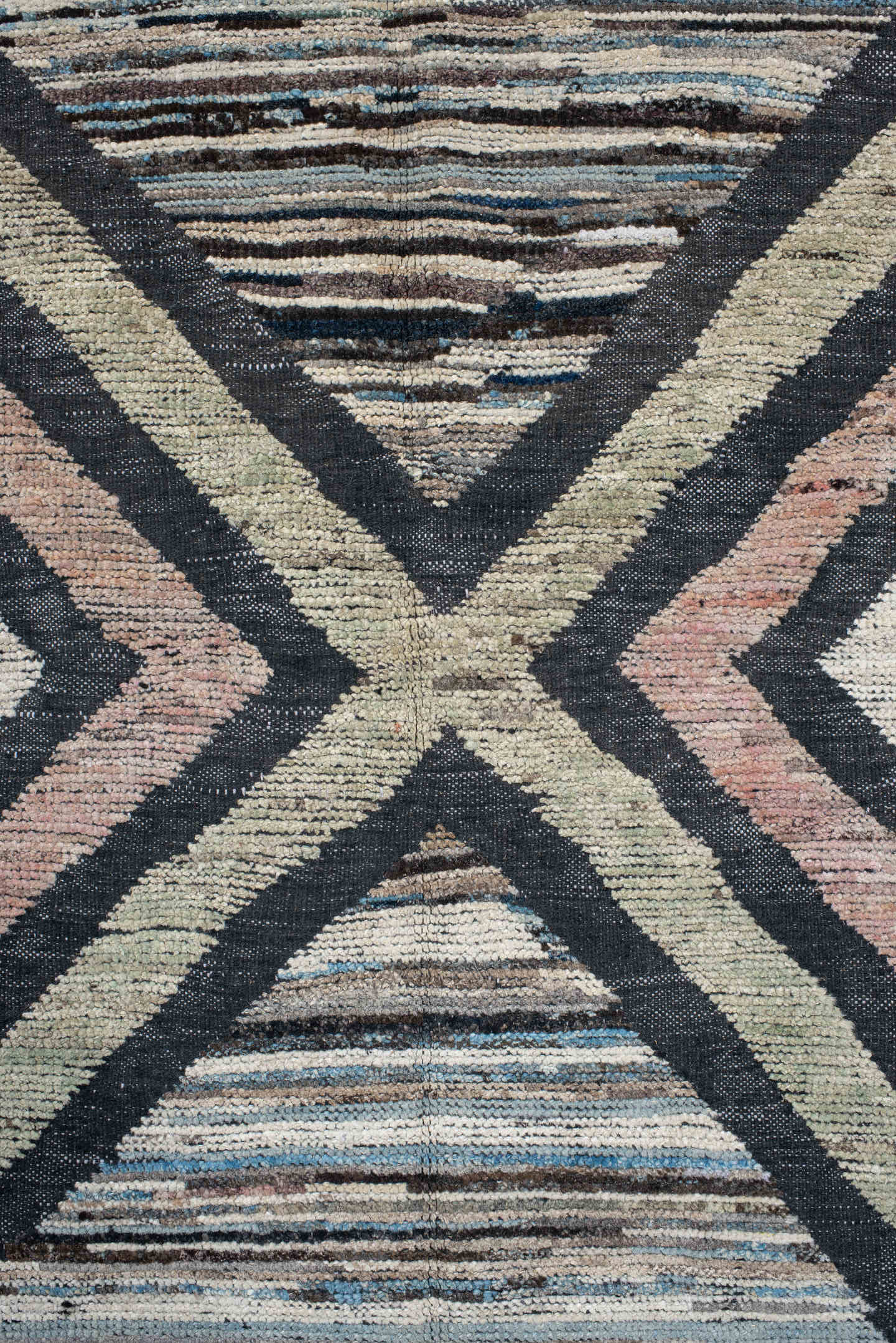 13' x 16' one-of-a-kind handmade vintage Tulu oversize rug. Color palette: ivory, charcoal, blush, pale blue, sage, taupe