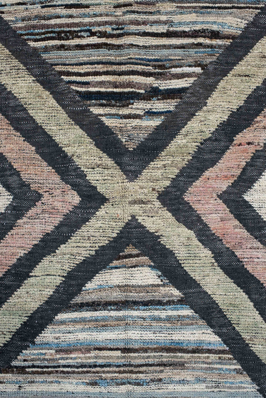 13' x 16' one-of-a-kind handmade vintage Tulu oversize rug. Color palette: ivory, charcoal, blush, pale blue, sage, taupe