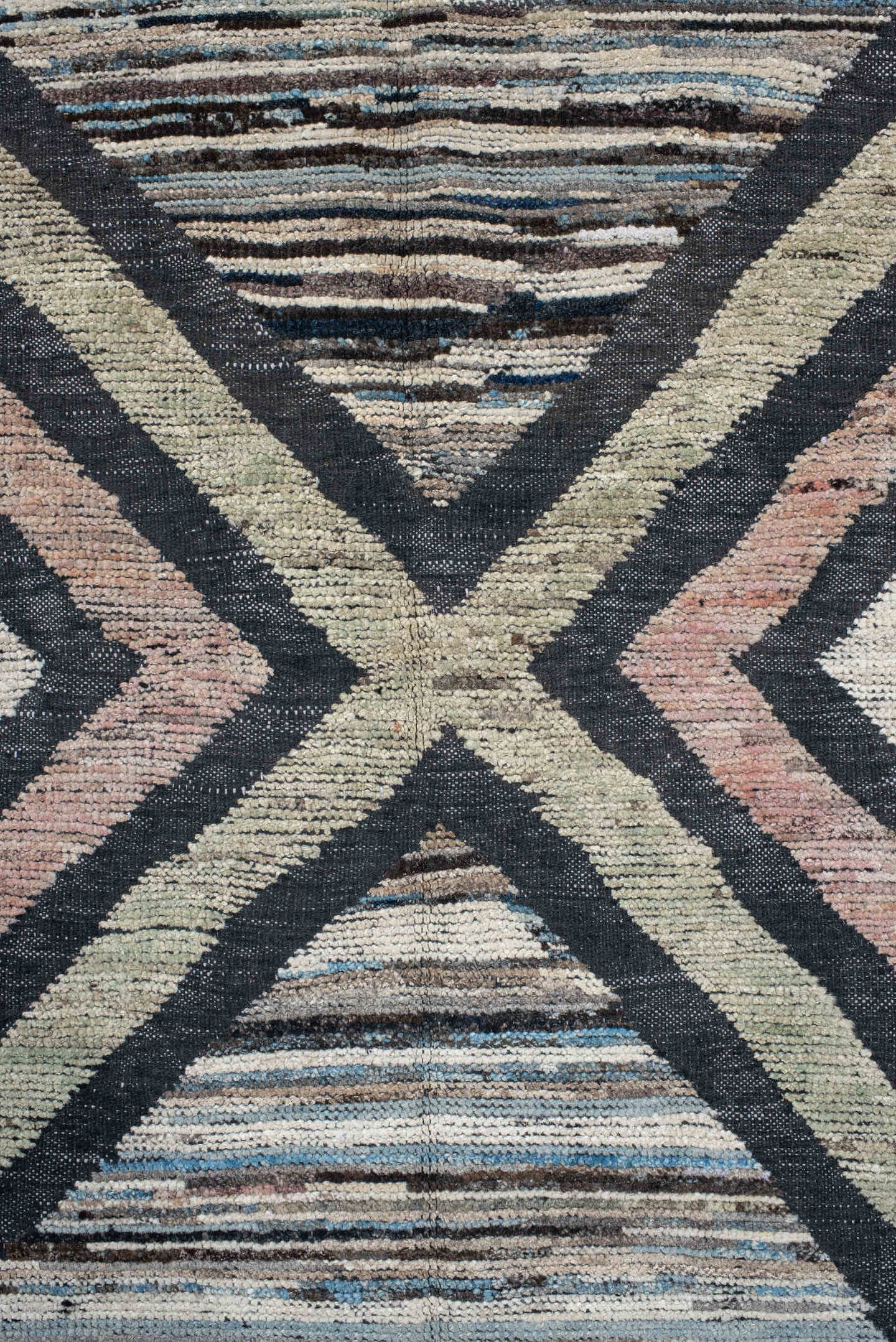 13' x 16' one-of-a-kind handmade vintage Tulu oversize rug. Color palette: ivory, charcoal, blush, pale blue, sage, taupe