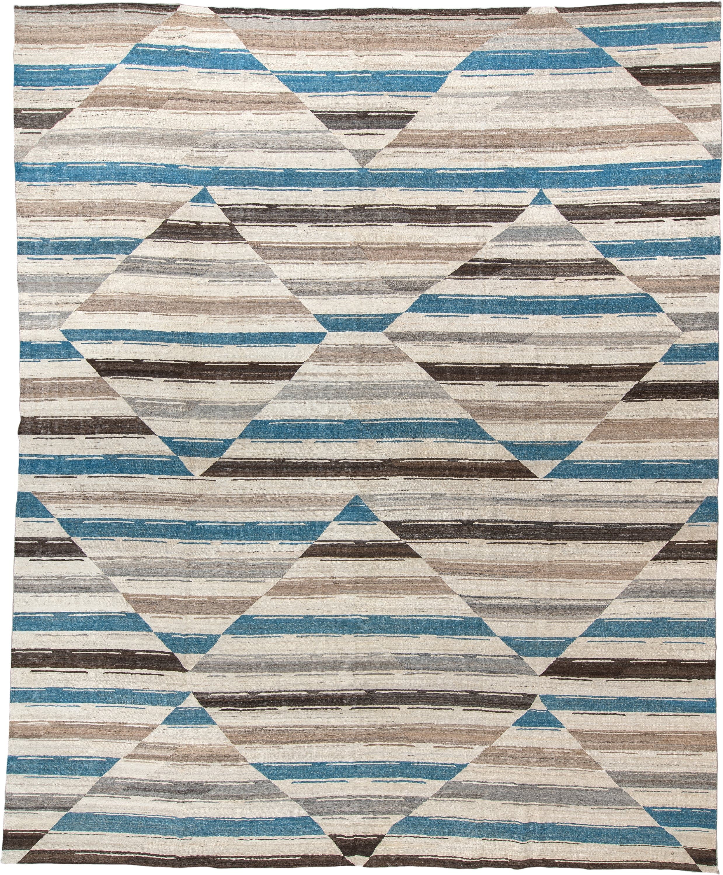 13' x 15' one-of-a-kind handmade vintage Kilim oversize rug. Color palette: ivory, taupe, turquoise, brown, gray, beige