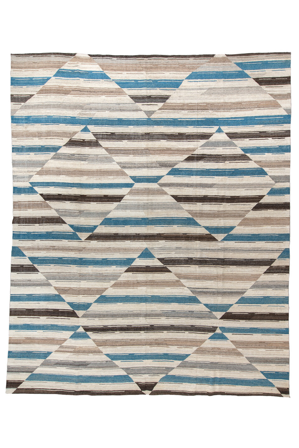 13' x 15' one-of-a-kind handmade vintage Kilim oversize rug. Color palette: blue, dark gray, dim gray, gray, light gray