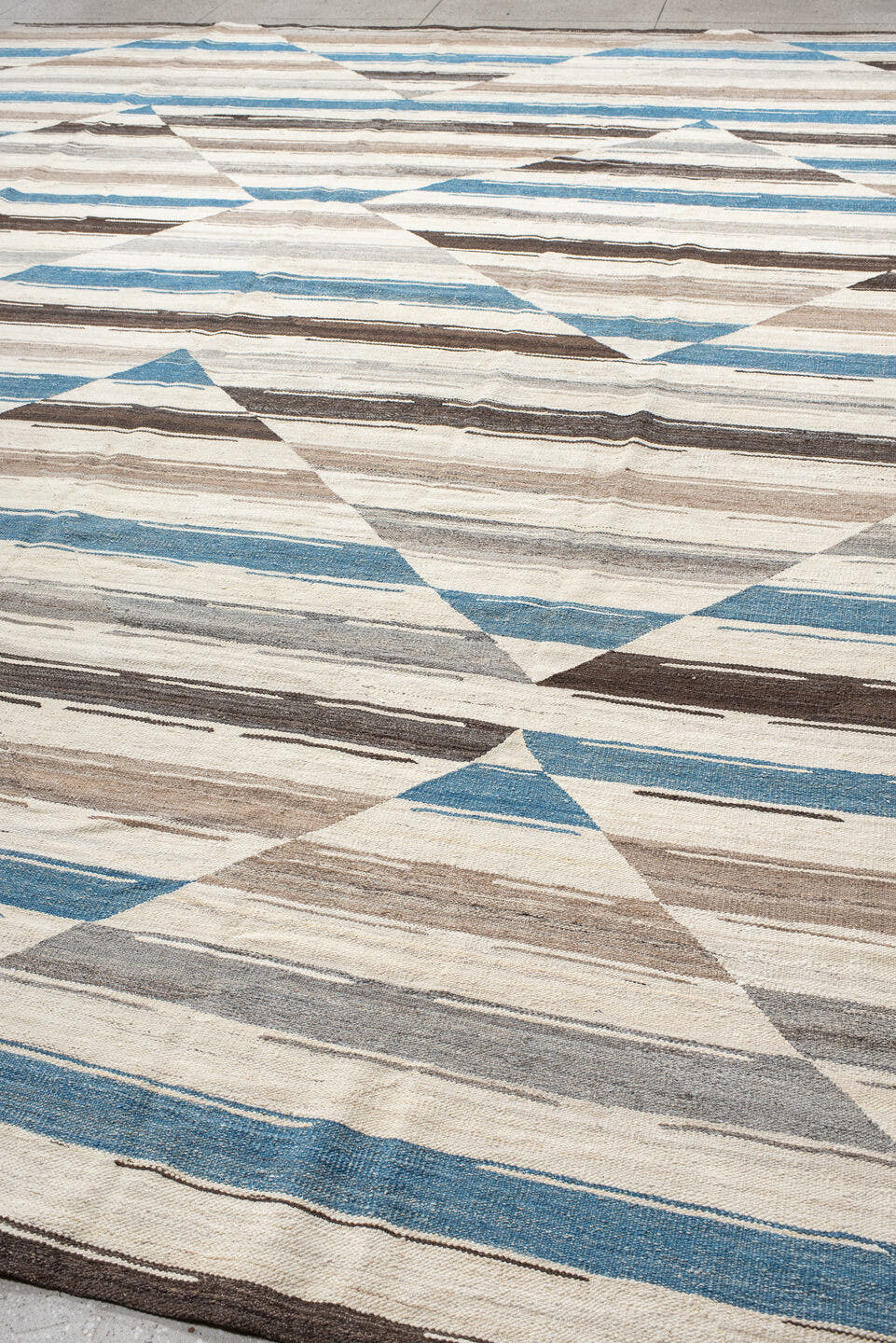 13' x 15' one-of-a-kind handmade vintage Kilim oversize rug. Color palette: ivory, taupe, turquoise, brown, gray, beige