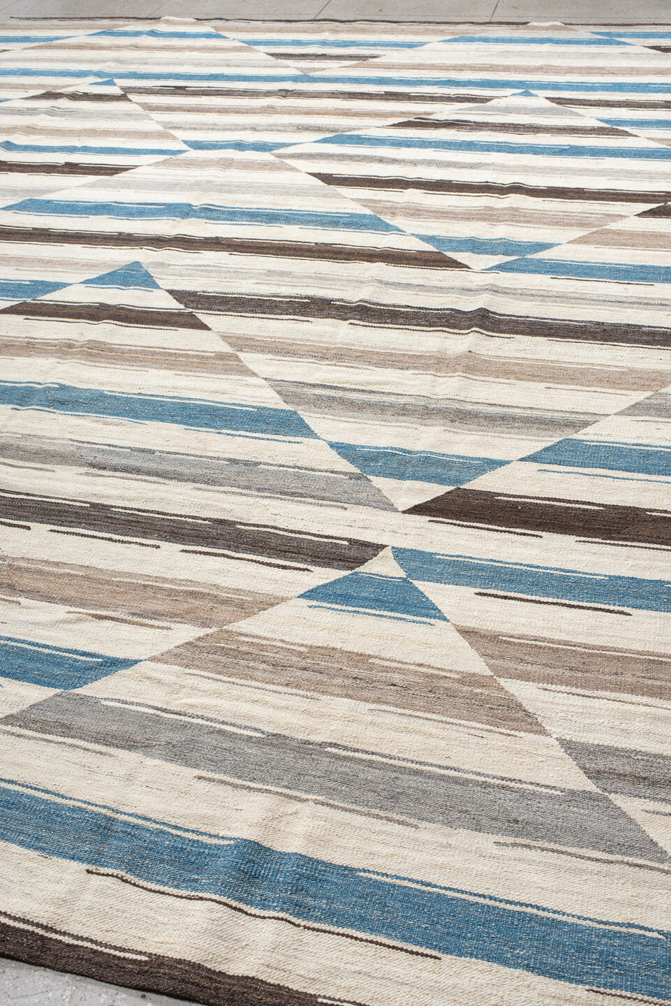 13' x 15' one-of-a-kind handmade vintage Kilim oversize rug. Color palette: ivory, taupe, turquoise, brown, gray, beige