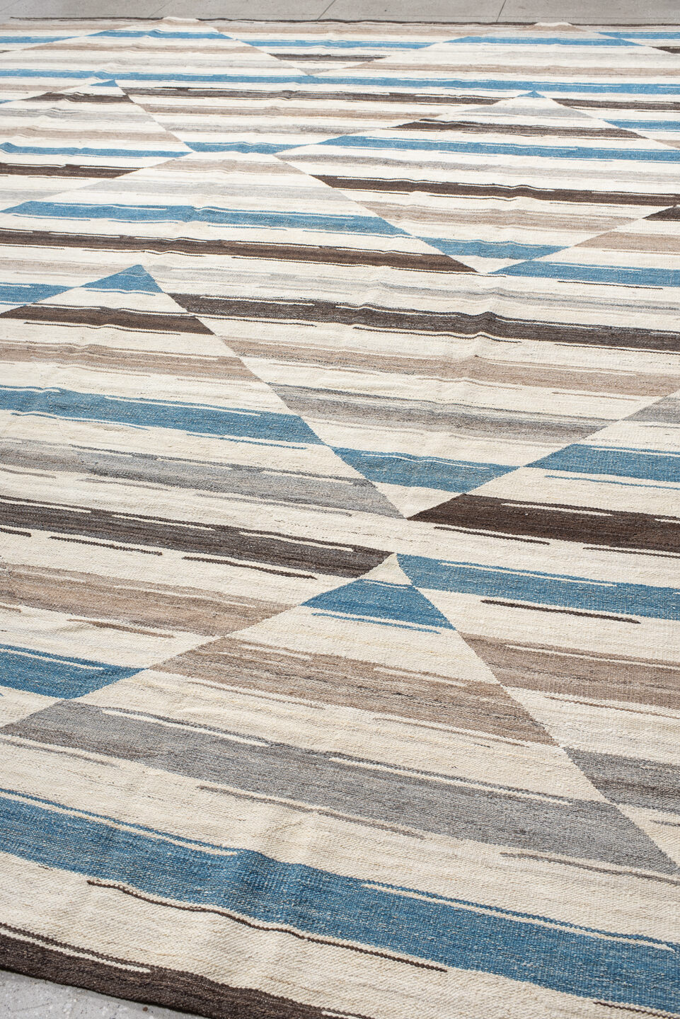 13' x 15' one-of-a-kind handmade vintage Kilim oversize rug. Color palette: blue, dark gray, dim gray, gray, light gray