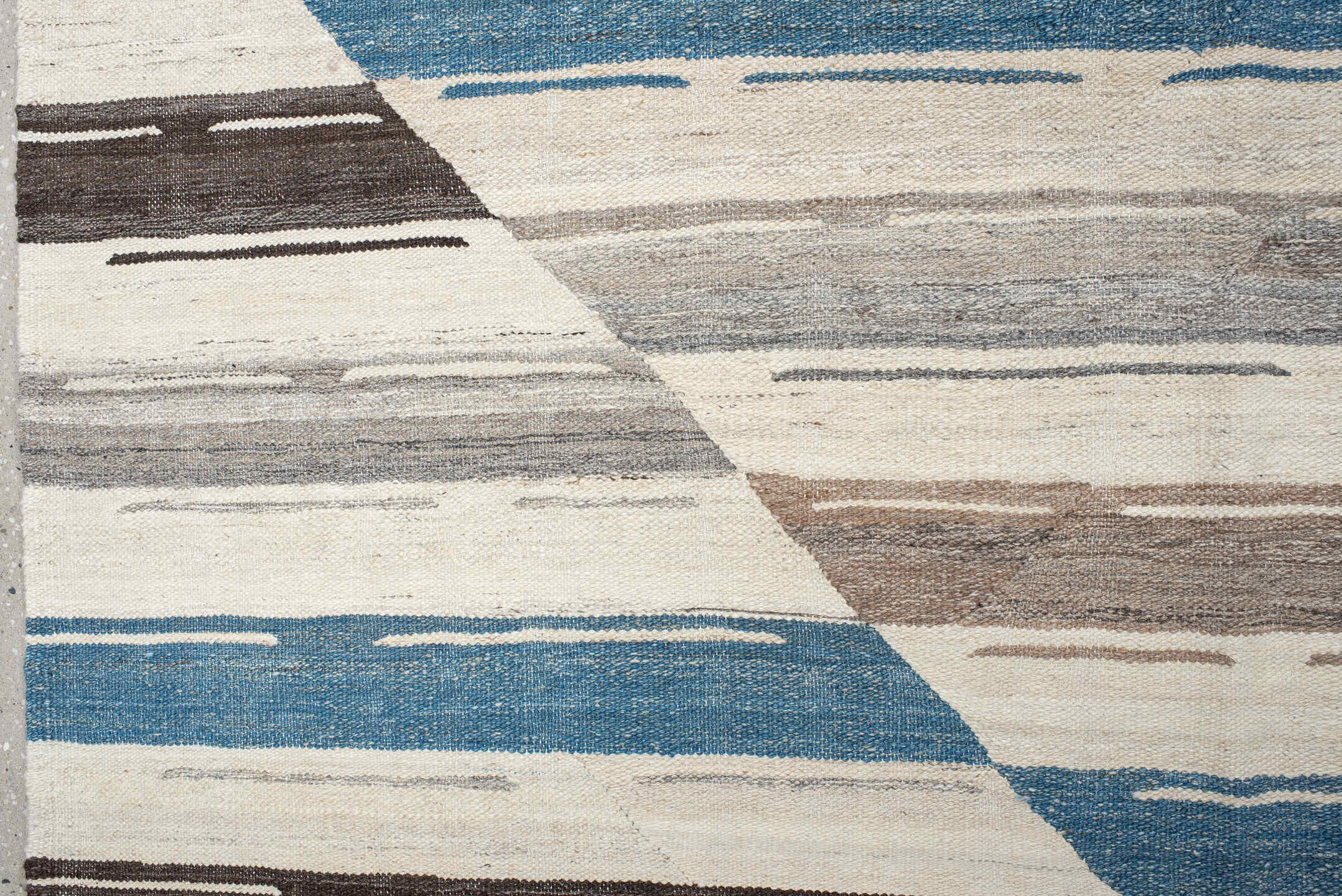 13' x 15' one-of-a-kind handmade vintage Kilim oversize rug. Color palette: ivory, taupe, turquoise, brown, gray, beige