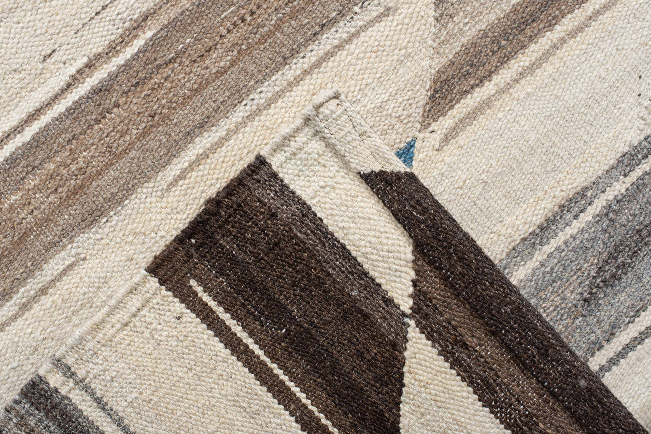 13' x 15' one-of-a-kind handmade vintage Kilim oversize rug. Color palette: ivory, taupe, turquoise, brown, gray, beige