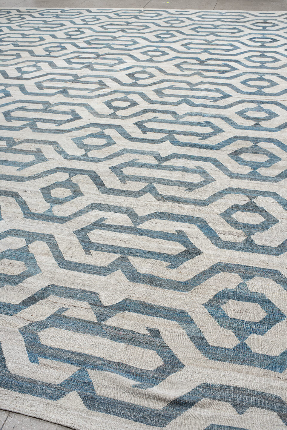 13' x 17' one-of-a-kind handmade vintage Kilim oversize rug. Color palette: ivory, sky blue, slate blue, cream, taupe