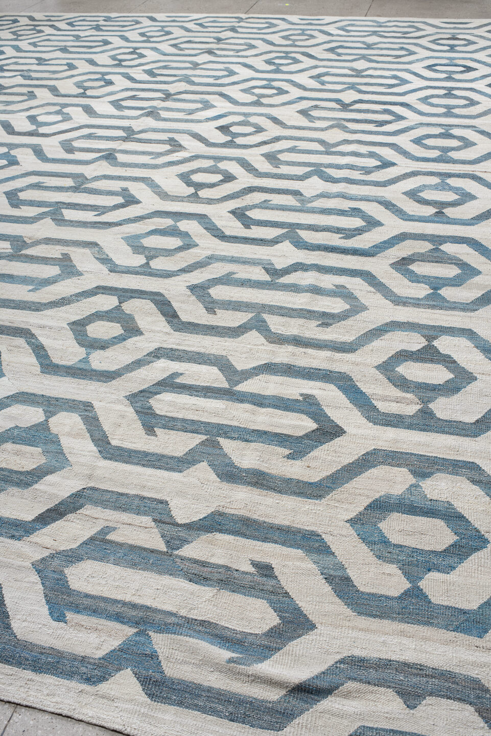 13' x 17' one-of-a-kind handmade vintage Kilim oversize rug. Color palette: blue, dark gray, dim gray, gainsboro, gray