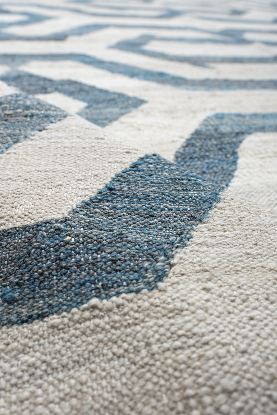 13' x 17' one-of-a-kind handmade vintage Kilim oversize rug. Color palette: ivory, sky blue, slate blue, cream, taupe