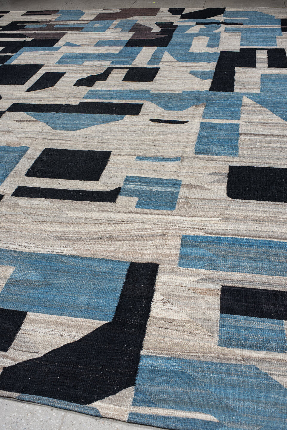 13' x 16' one-of-a-kind handmade vintage Kilim oversize rug. Color palette: ivory, sky_blue, charcoal, brown, taupe