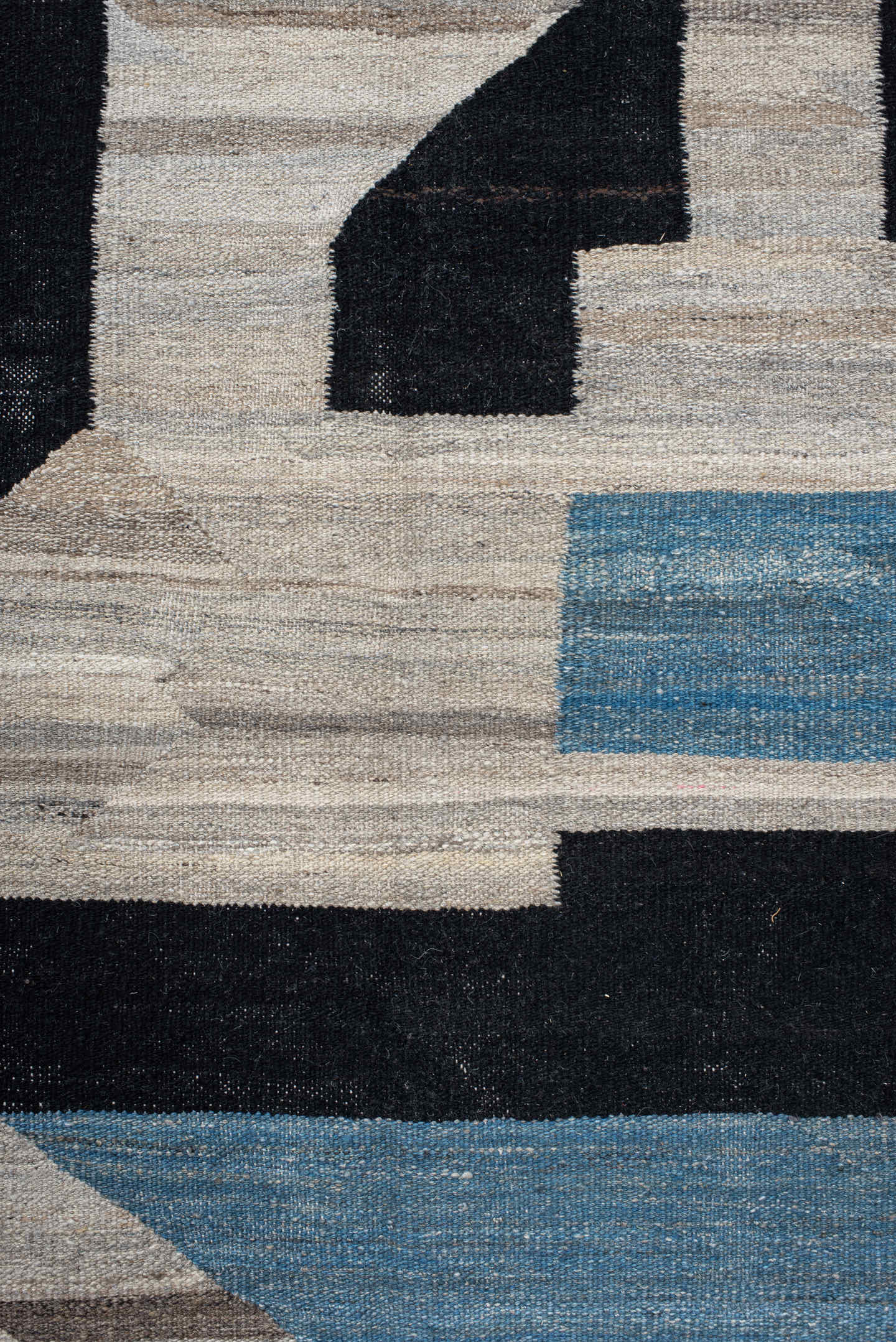13' x 16' one-of-a-kind handmade vintage Kilim oversize rug. Color palette: ivory, sky_blue, charcoal, brown, taupe