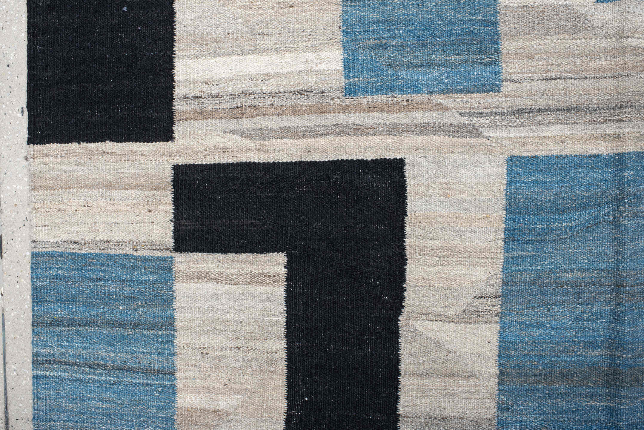 13' x 16' one-of-a-kind handmade vintage Kilim oversize rug. Color palette: ivory, sky_blue, charcoal, brown, taupe