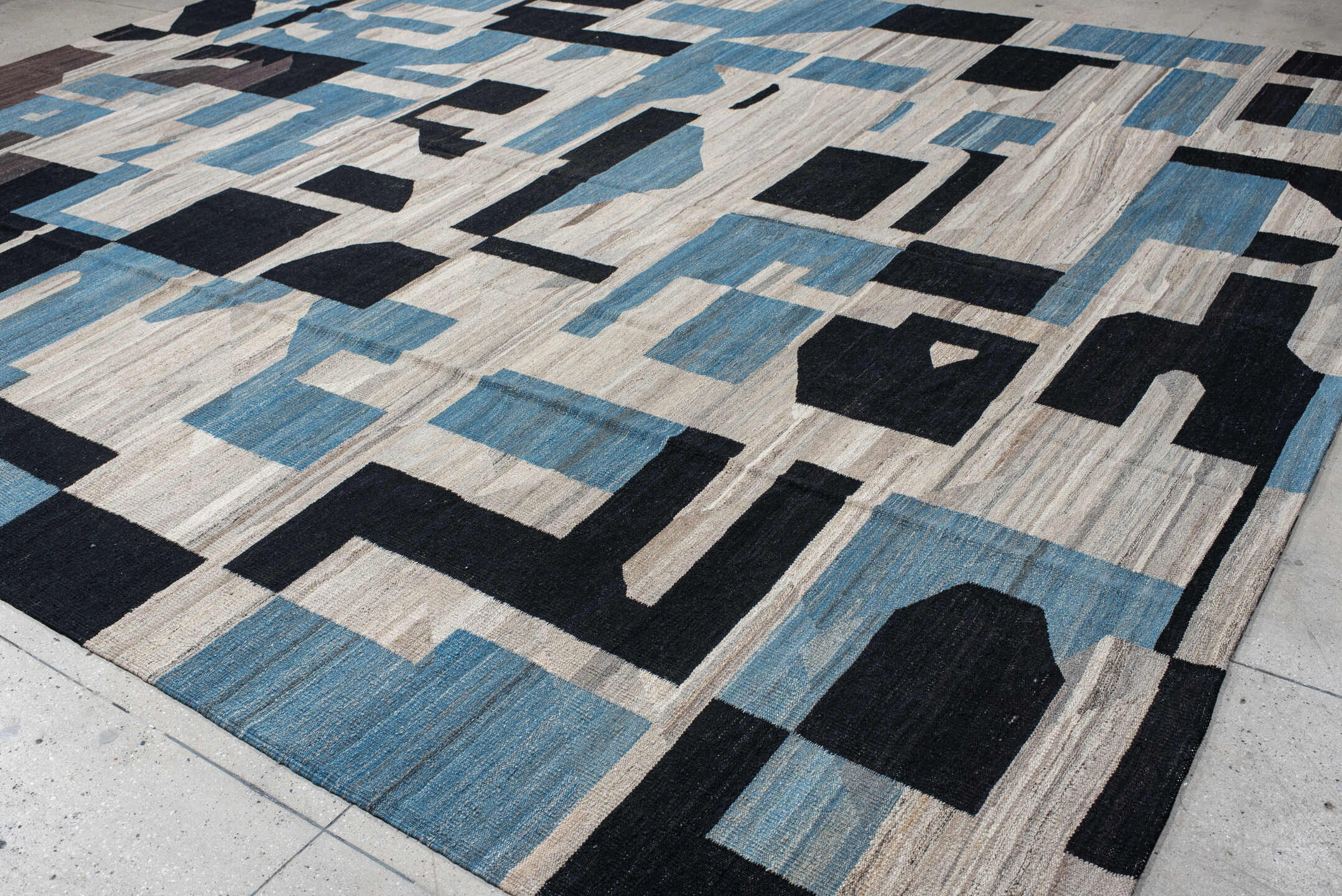 13' x 16' one-of-a-kind handmade vintage Kilim oversize rug. Color palette: ivory, sky_blue, charcoal, brown, taupe