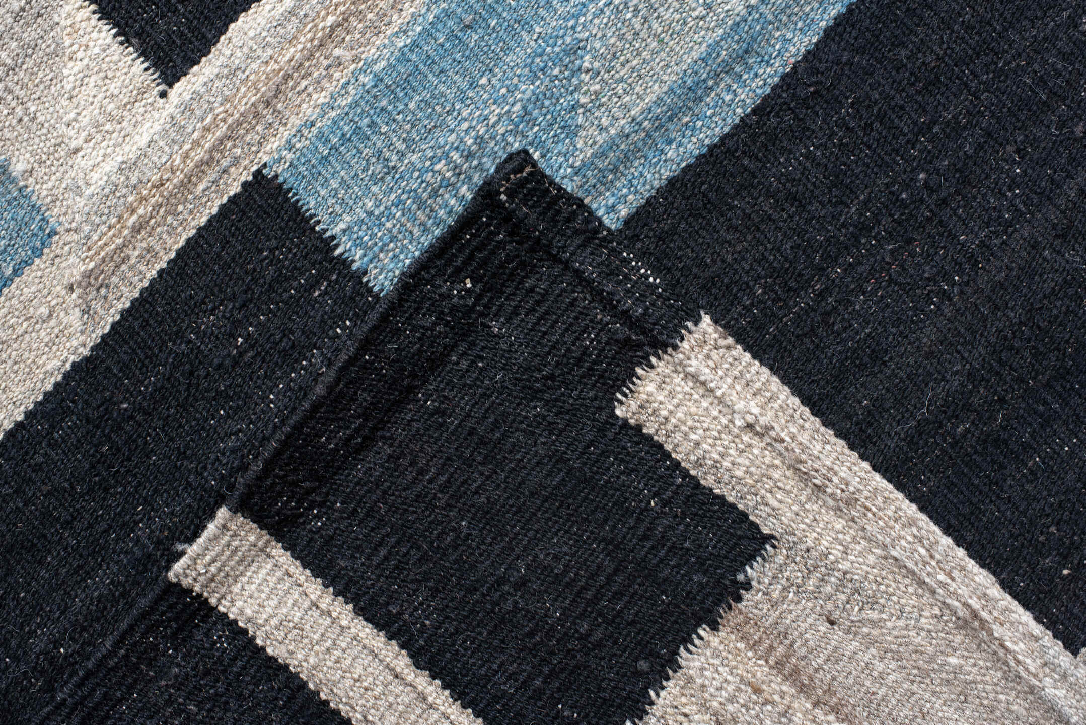 13' x 16' one-of-a-kind handmade vintage Kilim oversize rug. Color palette: ivory, sky_blue, charcoal, brown, taupe