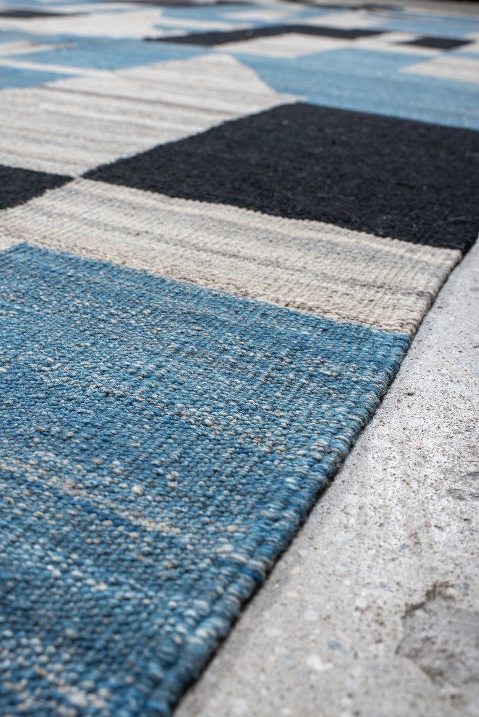 13' x 16' one-of-a-kind handmade vintage Kilim oversize rug. Color palette: ivory, sky_blue, charcoal, brown, taupe