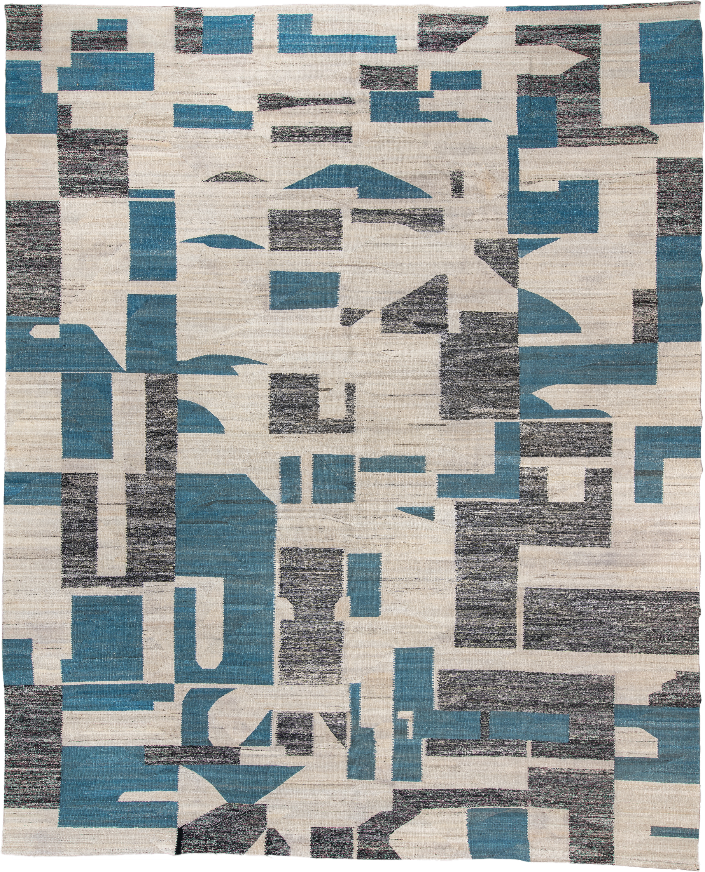 13' x 16' one-of-a-kind handmade vintage Kilim oversize rug. Color palette: ivory, teal, charcoal, slate, gray, black