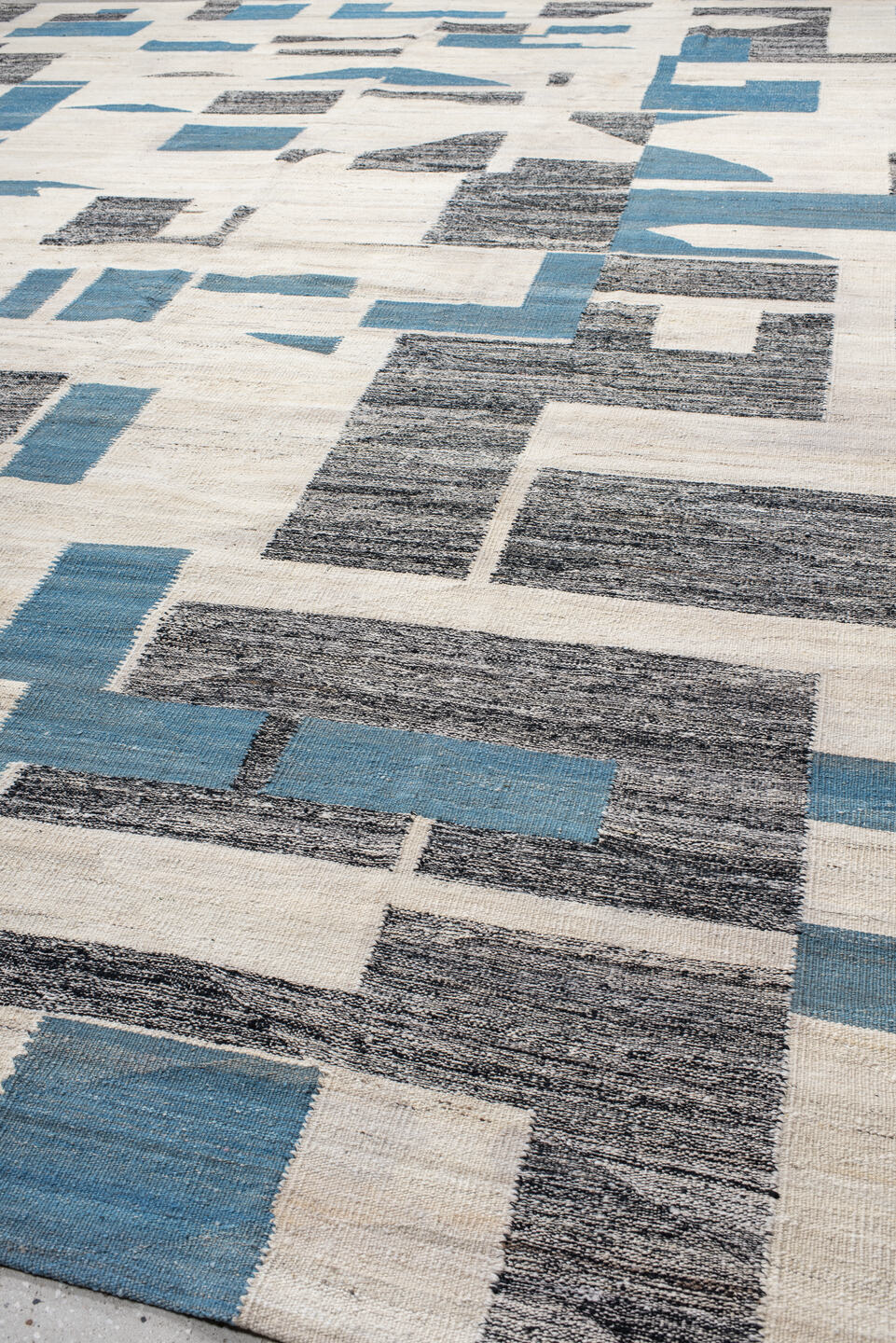 13' x 16' one-of-a-kind handmade vintage Kilim oversize rug. Color palette: arapawa, black, blue, charcoal, dark gray