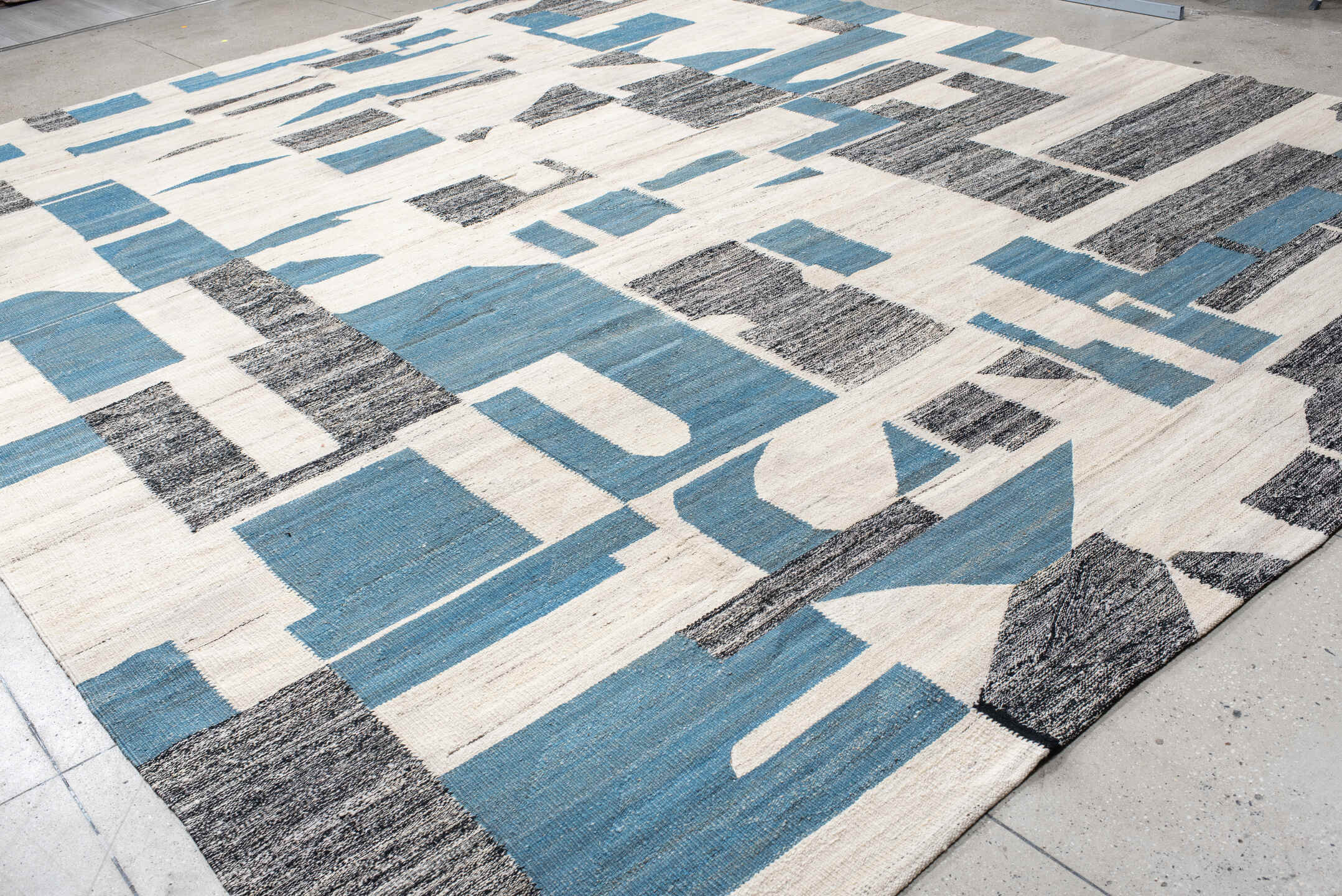 13' x 16' one-of-a-kind handmade vintage Kilim oversize rug. Color palette: ivory, teal, charcoal, slate, gray, black