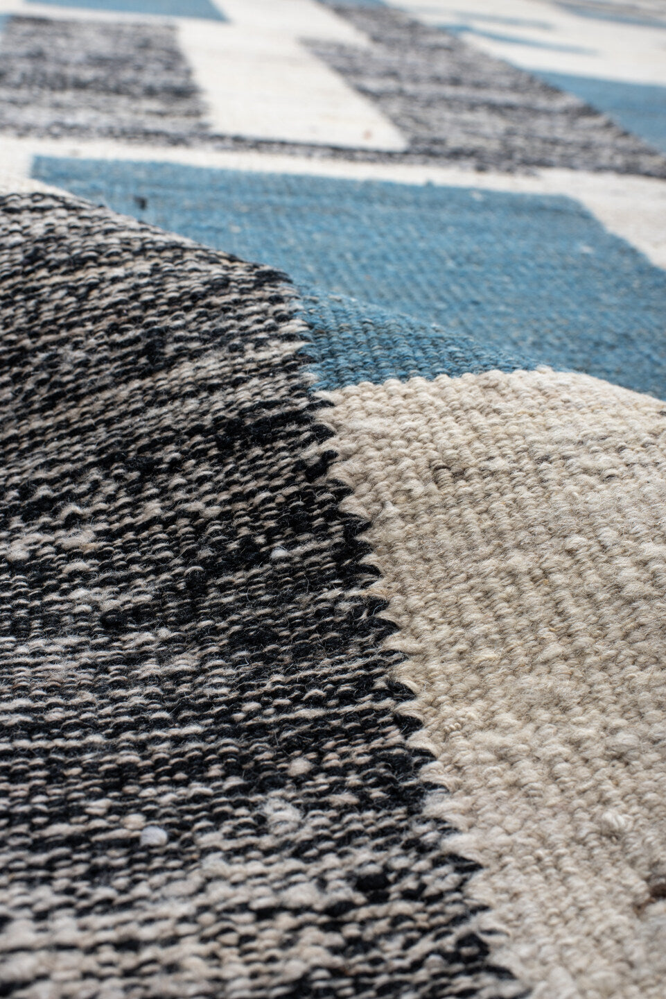 13' x 16' one-of-a-kind handmade vintage Kilim oversize rug. Color palette: ivory, teal, charcoal, slate, gray, black