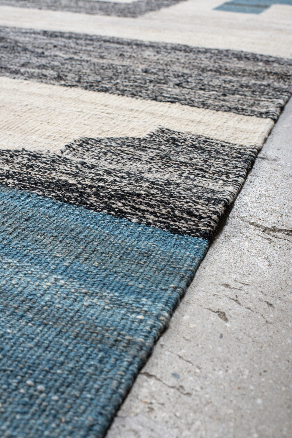 13' x 16' one-of-a-kind handmade vintage Kilim oversize rug. Color palette: ivory, teal, charcoal, slate, gray, black